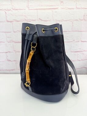 Gucci Navy Suede Bamboo Vintage Drawstring Backpack